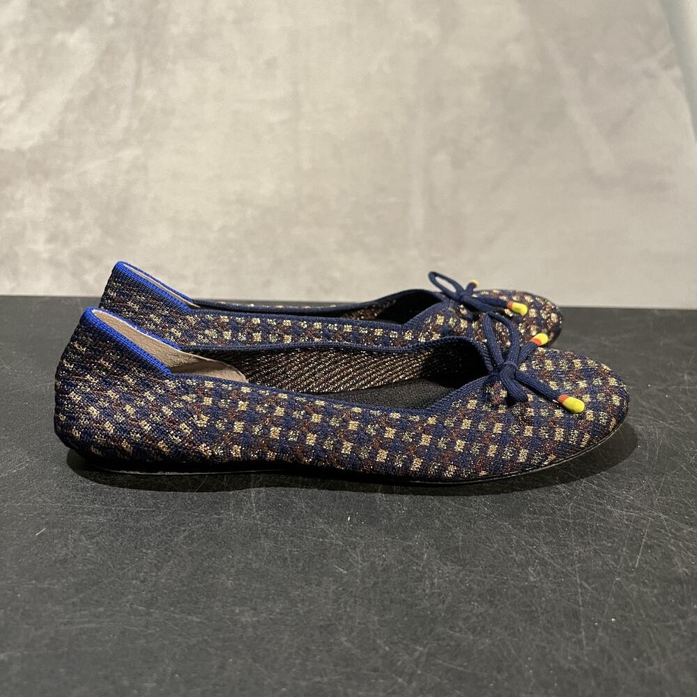 Rothy's The Ballet Flat Shoes Womens Size 6 Navy Yellow Check Bow Knit Washable